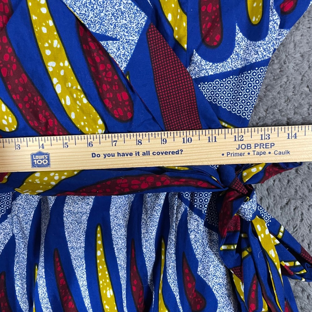Mae Otti African Wax Print Cotton Midi Dress Faux Wrap Large Pockets Colorful - Picture 11 of 12